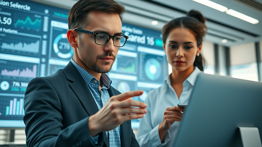 dynamic digital workspace professionals engaged with AI-driven search tools, google ai mode in modern office environment, AI analytics on digital screens