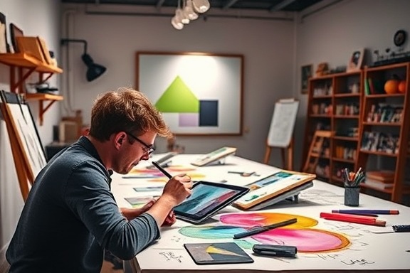 creative agency graphics, inspired flair, illustrating concepts, photorealistic, vibrant design studio with digital tablets, highly detailed, slow-motion sketch animations, visibly defined contrasts, bold primary colors, spotlight illumination, shot with a 24-70mm zoom lens.