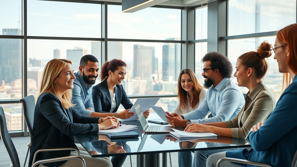 Social media and blogging Long Island: Vibrant Long Island business district with diverse professionals collaborating in a modern office, digital marketing teamwork, cityscape view, natural daylight