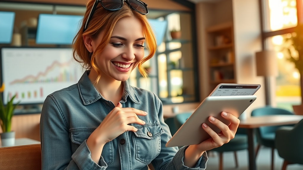lifestyle blogger calculating blog earnings on tablet in café, blog earnings planning