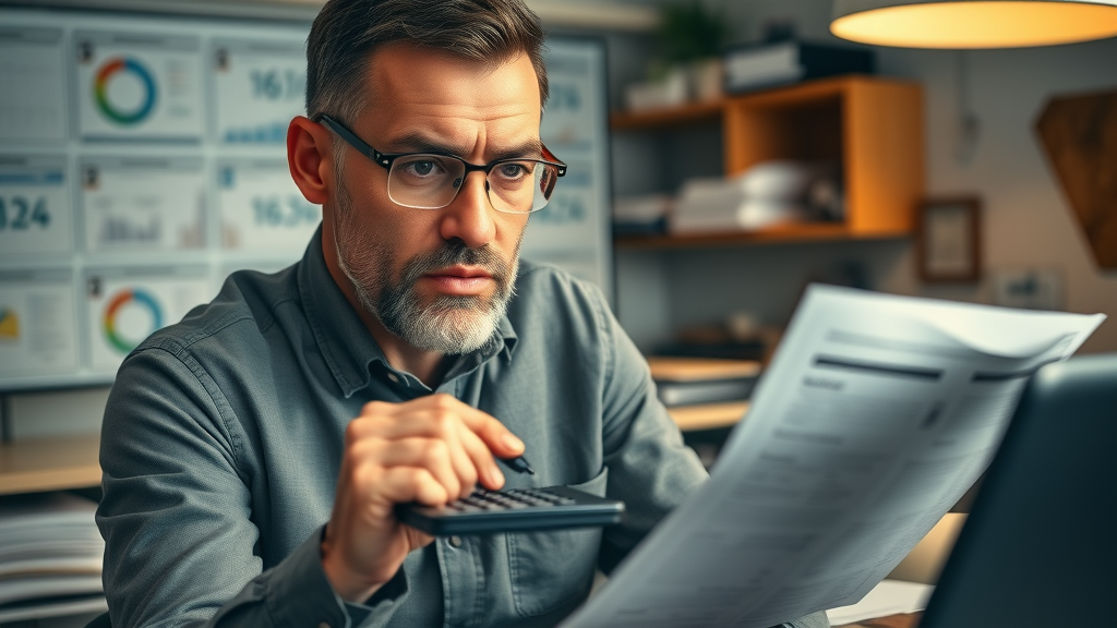 determined Long Island business owner examining rising bills and planning cost-saving strategies, cluttered workspace with invoices, Photorealistic - Long Island business financial management