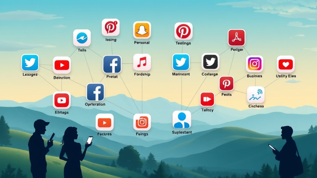 infographic of various social media app icons connected by network lines, illustrating business vs personal accounts on media platforms