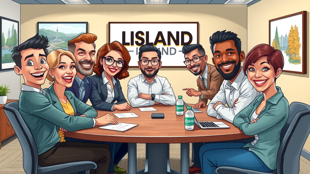 diverse team of Long Island professionals brainstorming with enthusiasm, modern office with branded local art, Modern 2D Cartoon - Long Island business team growth