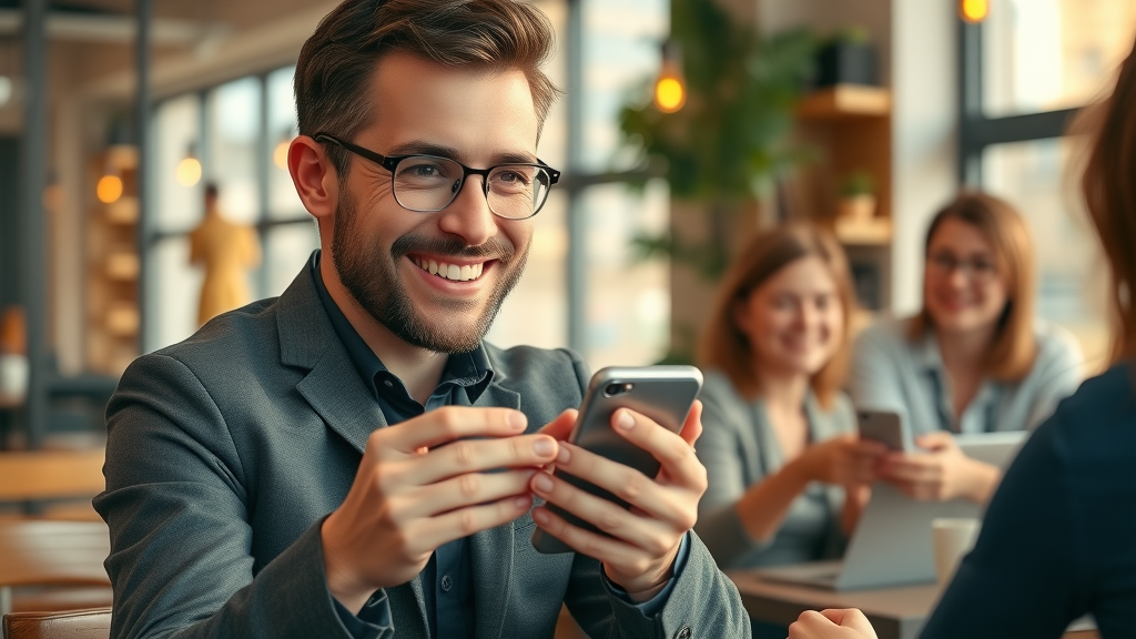 motivated small business owner tweeting and engaging marketing team on social media strategy in a cozy cafe