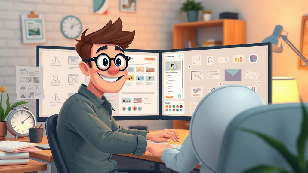 Creative designer customizing visually engaging email templates on dual monitors, home workspace, animated icons, pastel palette, warm lighting.