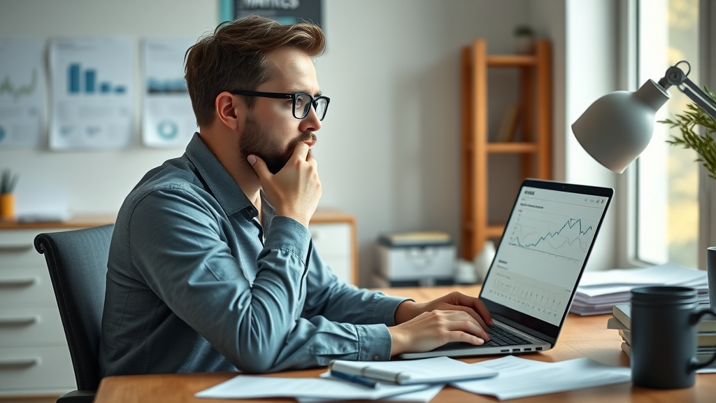 thoughtful blogger at a desk reviewing traffic analytics for content blog creation