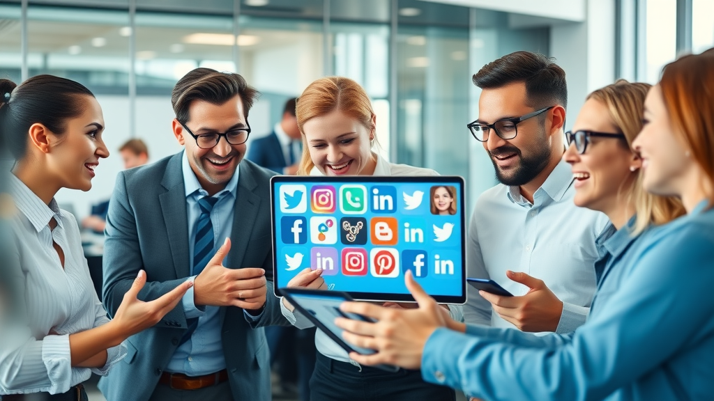modern business professionals collaborating on multiple social media platforms, brainstorming digital marketing strategies, visible social media logos, media platform strategy session