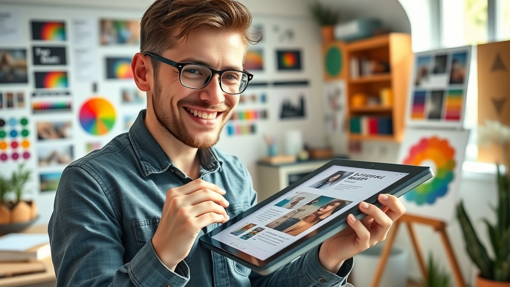 creative entrepreneur designing blog images with design tools for entrepreneurs in a vibrant studio