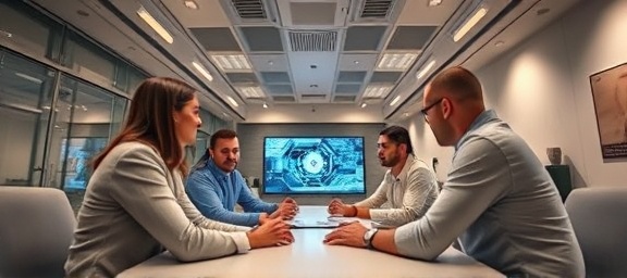 advanced agency solutions, thoughtful collaboration, discussing strategies, photorealistic, spacious meeting room with digital interface, highly detailed, synergy among team members, clear high-resolution details, neutral tones, indirect lighting accents, shot with a 14mm fisheye lens.
