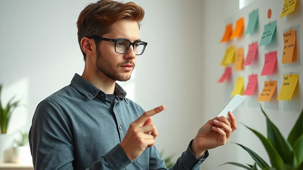 blogger evaluating sticky notes with niche ideas, modern workspace, plants, blog niche brainstorming