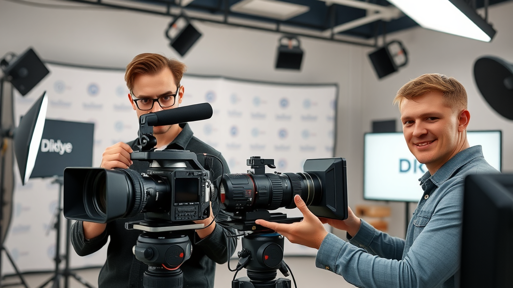 Professional video production team adjusting lights and filming branded social media videos, showcasing the value of quality video production in marketing.