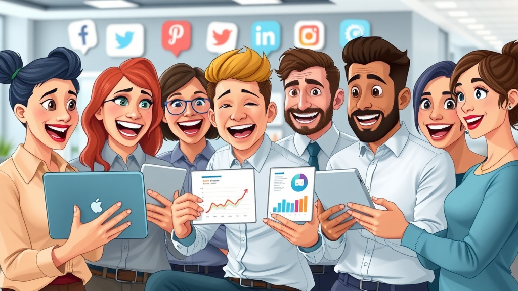 Diverse group of social media marketers analyzing video metrics on devices in a digital marketing suite