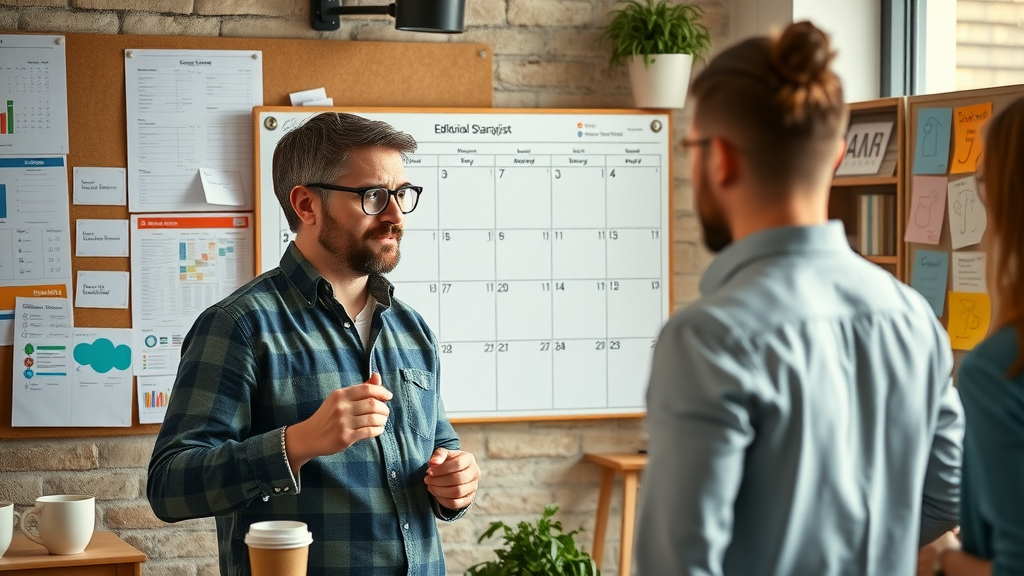 Social media and blogging Long Island: Organized content strategist planning editorial calendar with charts and schedules in creative workspace