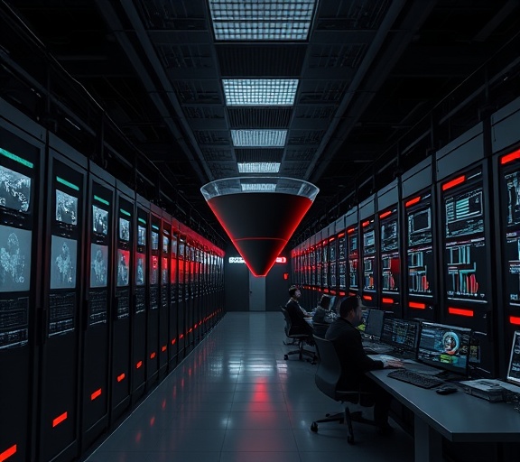 strategic funnel strategy, targeted focus, optimizing operations, photorealistic, data center with rows of servers and analysts, highly detailed, virtual simulations on display, highly accurate detailing, monochrome with red highlights, pinpoint spot lighting, shot with a 400mm telephoto lens.