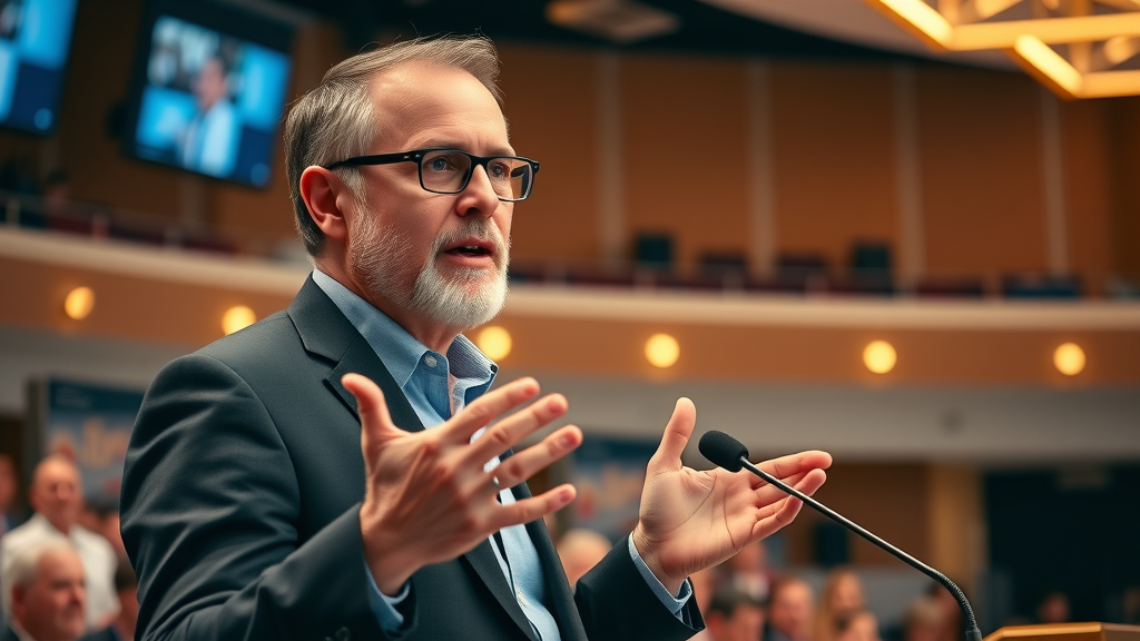 confident industry leader speaking at a conference, content PR and thought leadership, brand awareness keynote