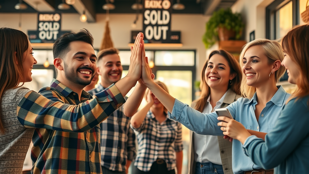 small business owners celebrating social media marketing success joyful shop team