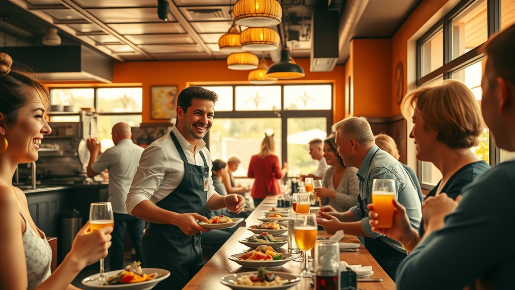 local SEO optimization happy restaurant staff serving customers in vibrant restaurant