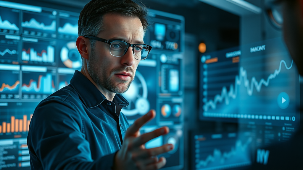 data scientist reviewing engagement metrics on social media algorithm dashboards for increasing engagement with video
