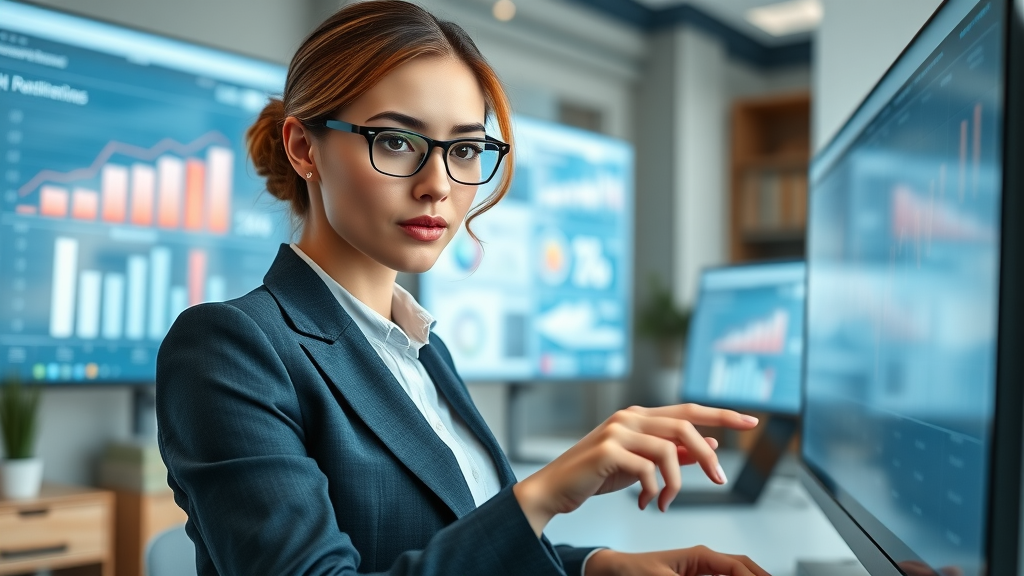 Tech-savvy business woman analyzing marketing dashboard with charts and KPIs in a contemporary office