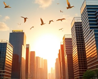 dynamic agency growth, hopeful, reaching toward the sky, photorealistic, bustling cityscape with modern skyscrapers, highly detailed, flying birds and moving clouds, high-resolution, warm golden hues, sunrise lighting, shot with a 35mm prime lens