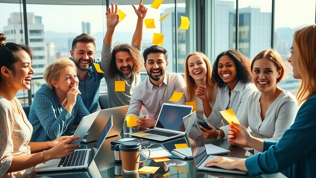 Diverse team brainstorming content ideas for small business content creation in a modern office