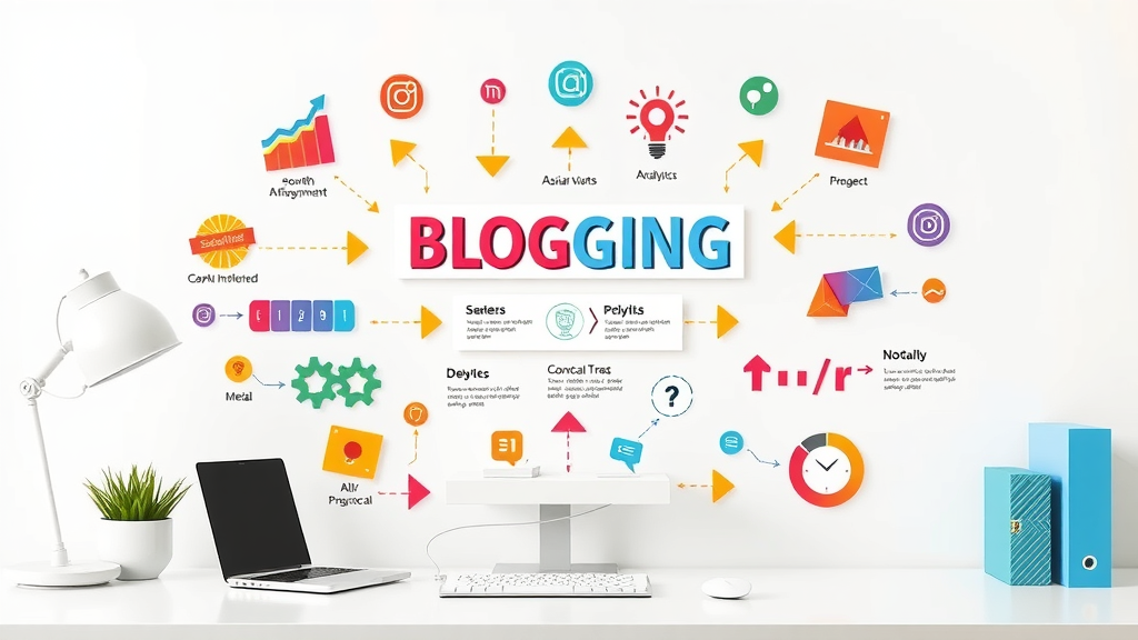 colorful infographic for blogging benefits, icons for blog growth, analytics, social media, monetization, vibrant workspace