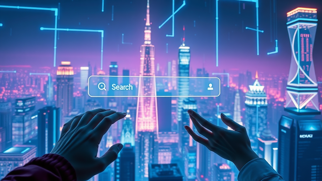 futuristic digital landscape evolving from search box to immersive generative AI results. Holographic interfaces and vibrant neon data. Img_Alt_Text: evolution from traditional search to generative ai search results with user engagement