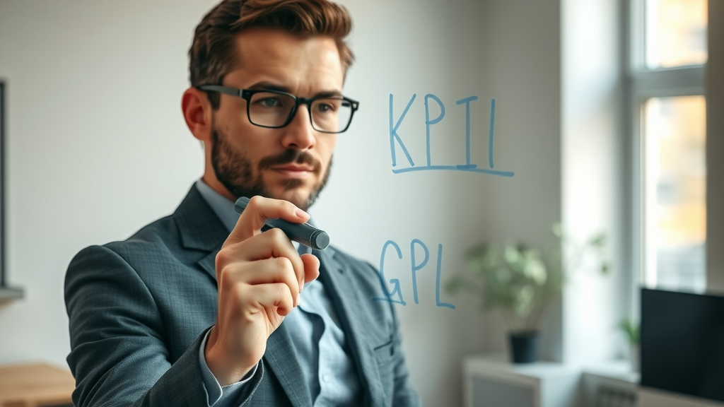 Marketer writing KPIs for video marketing ROI on a glass board in a home office