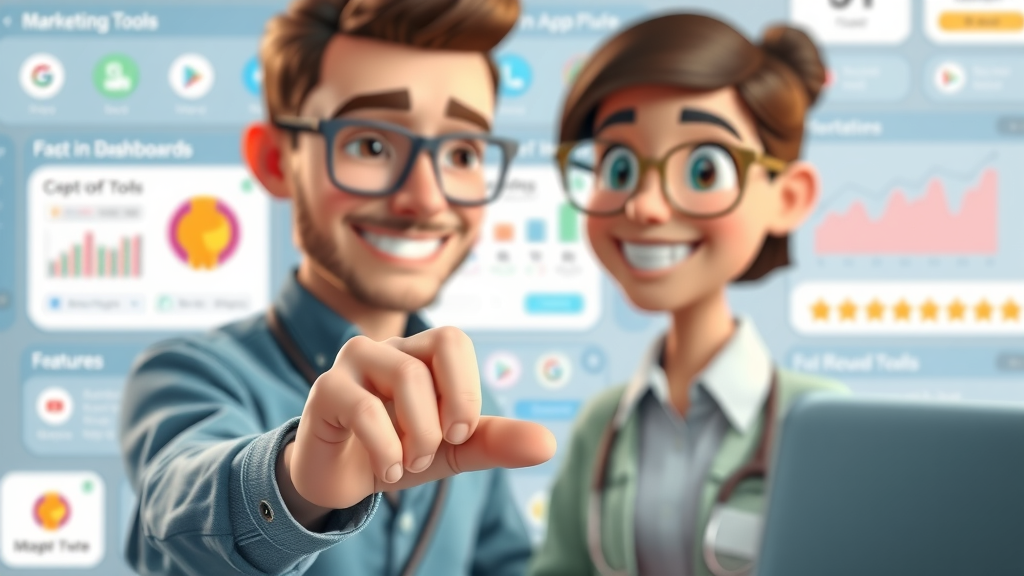 Animated selection of marketing tools and software dashboards, choosing business marketing tools for small businesses