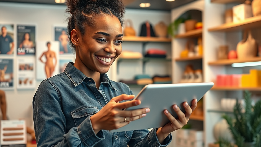 Successful diverse small business owner analyzing sales analytics with online marketing tips on a tablet in a vibrant boutique