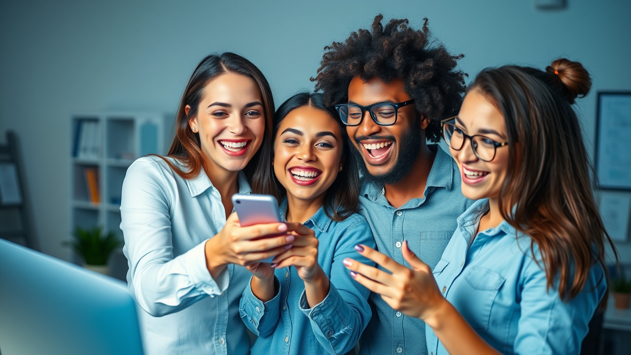 Social media marketing for local businesses cheerful small business team, enthusiastic expression, posting on social media app, digital workspace, social media icons