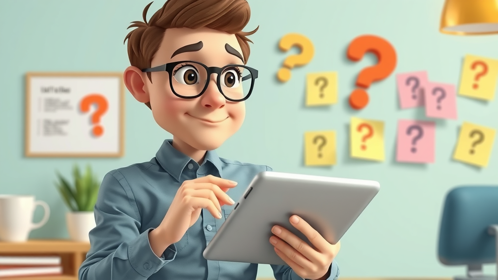 curious young professional exploring social media marketing questions on a tablet in a cheerful workspace