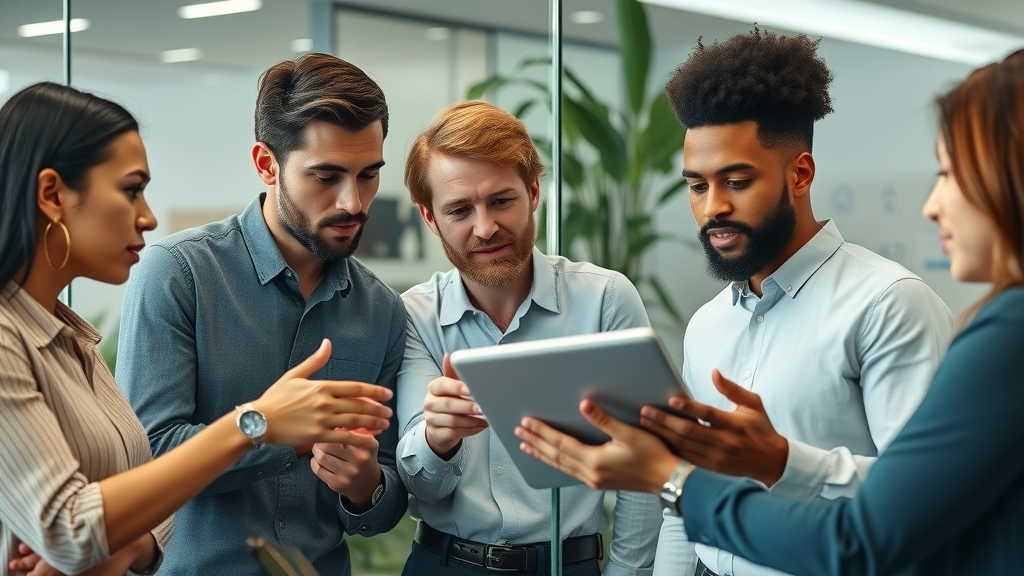 Marketing team analyzing social media data for effective media strategy in a modern conference room