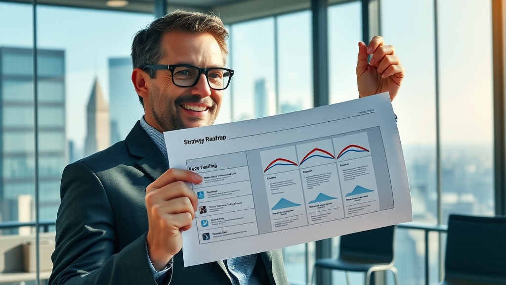 accomplished marketing professional reviewing a completed social media strategy roadmap in a conference room