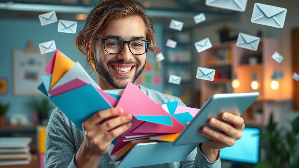 Enthusiastic marketer sorting colorful envelopes and digital tablets with email icons in creative studio