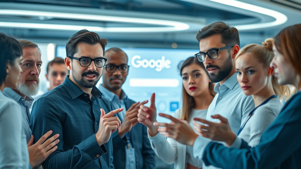 diverse group of users interacting with Google AI mode in a futuristic digital workspace, sleek modern Google branding, dynamic search engine display, high fidelity
