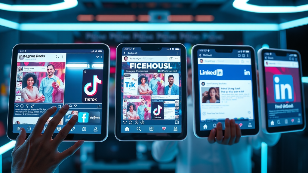 Five digital device screens side by side displaying Instagram Reels, TikTok, YouTube Shorts, Facebook, and LinkedIn interfaces, showing diversity in media platforms for video content.