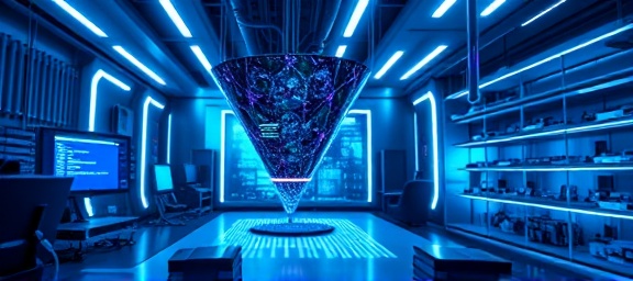 innovative funnel design, imaginative exploration, crafting prototypes, photorealistic, tech lab with futuristic gadgets, highly detailed, holographic displays and coding screens, ultra-sharp definition, dynamic spectrum of colors, neon blue backlighting, shot with a 100mm macro lens.