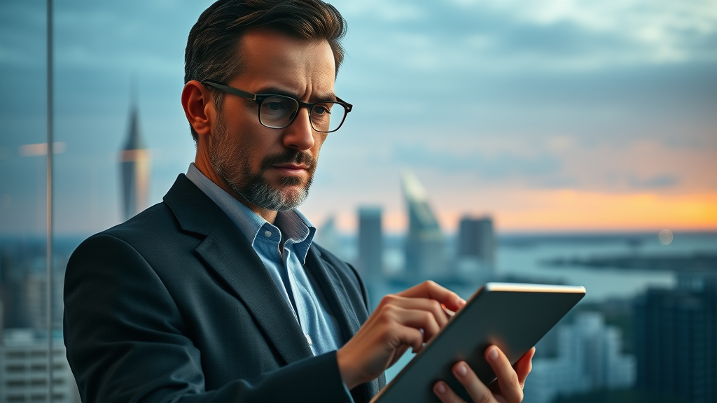 digital market landscape for Long Island: business owner with digital tablet, futuristic data overlays, Long Island cityscape