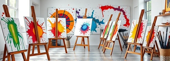 artistic agency graphics, expressive creativity, designing visuals, photorealistic, vibrant art studio with easels and canvases, highly detailed, colorful paint splatters and brushes, crisp resolution, vivid color palette, soft diffused lighting, shot with a 35mm standard lens.