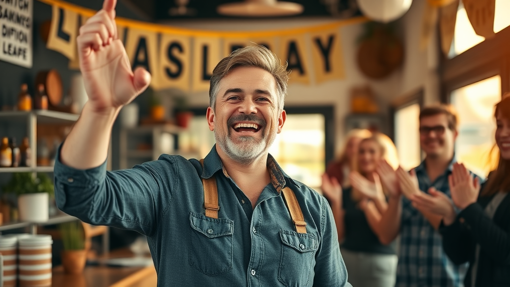 Cheerful local business owner celebrating increased blog leads, effective blogging strategies for small businesses