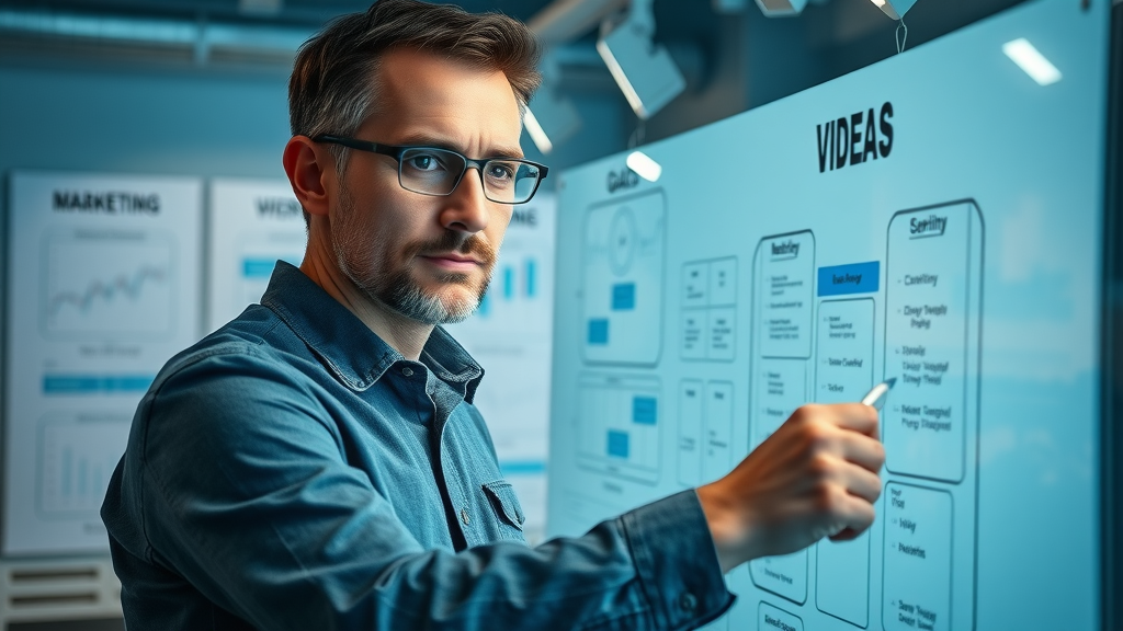 Marketing strategist developing video marketing goals on a digital whiteboard in a high-tech workspace