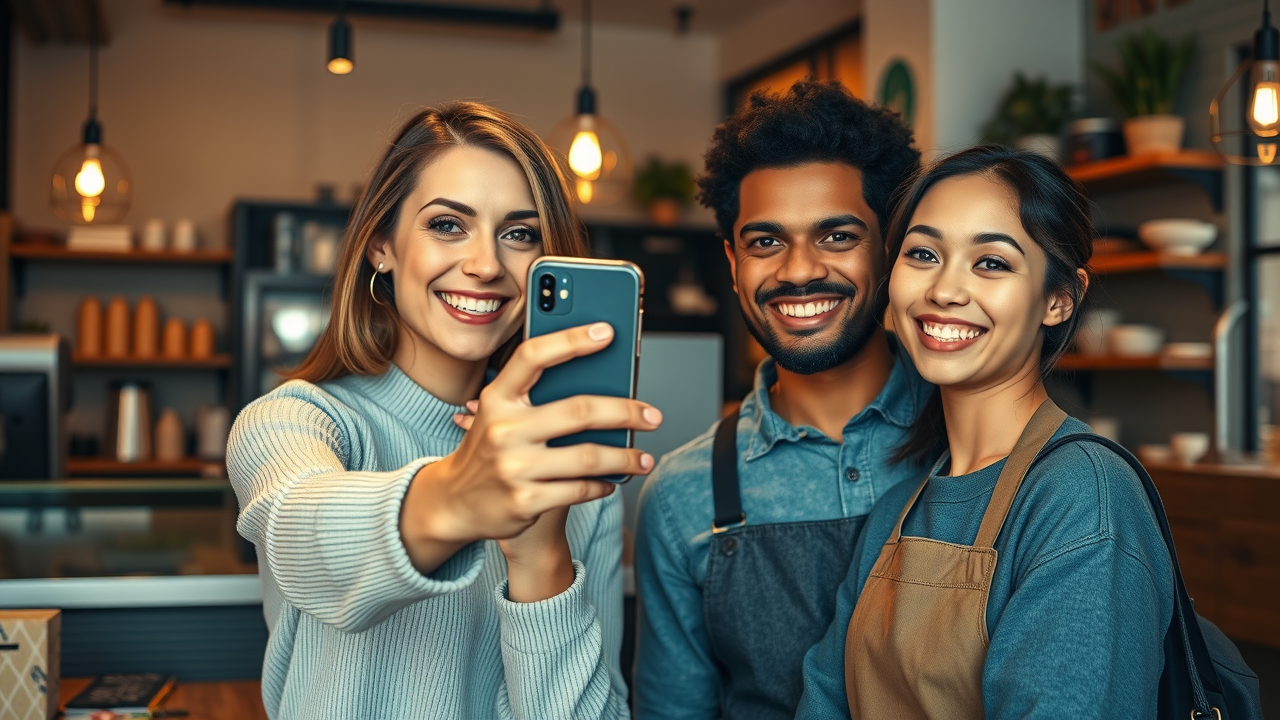 Happy customer uploading business photo to Google Business Profile for local SEO strategies