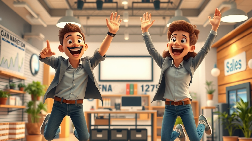 Elated small business owners celebrating successful marketing results in shop interior