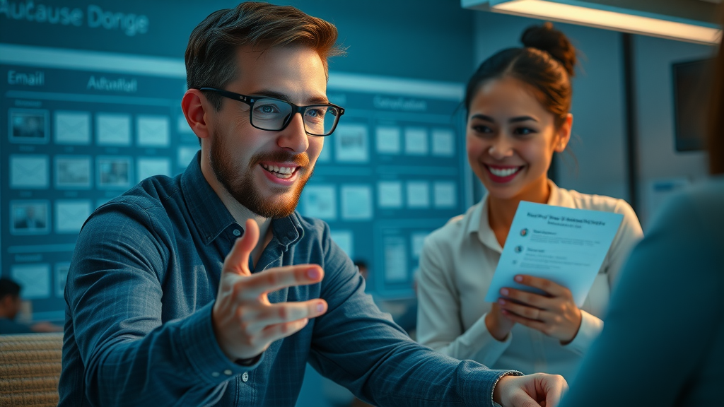 Marketers optimizing automated email triggers, automation flowcharts, vibrant contemporary workspace, animation-rich environment, dramatic lighting.