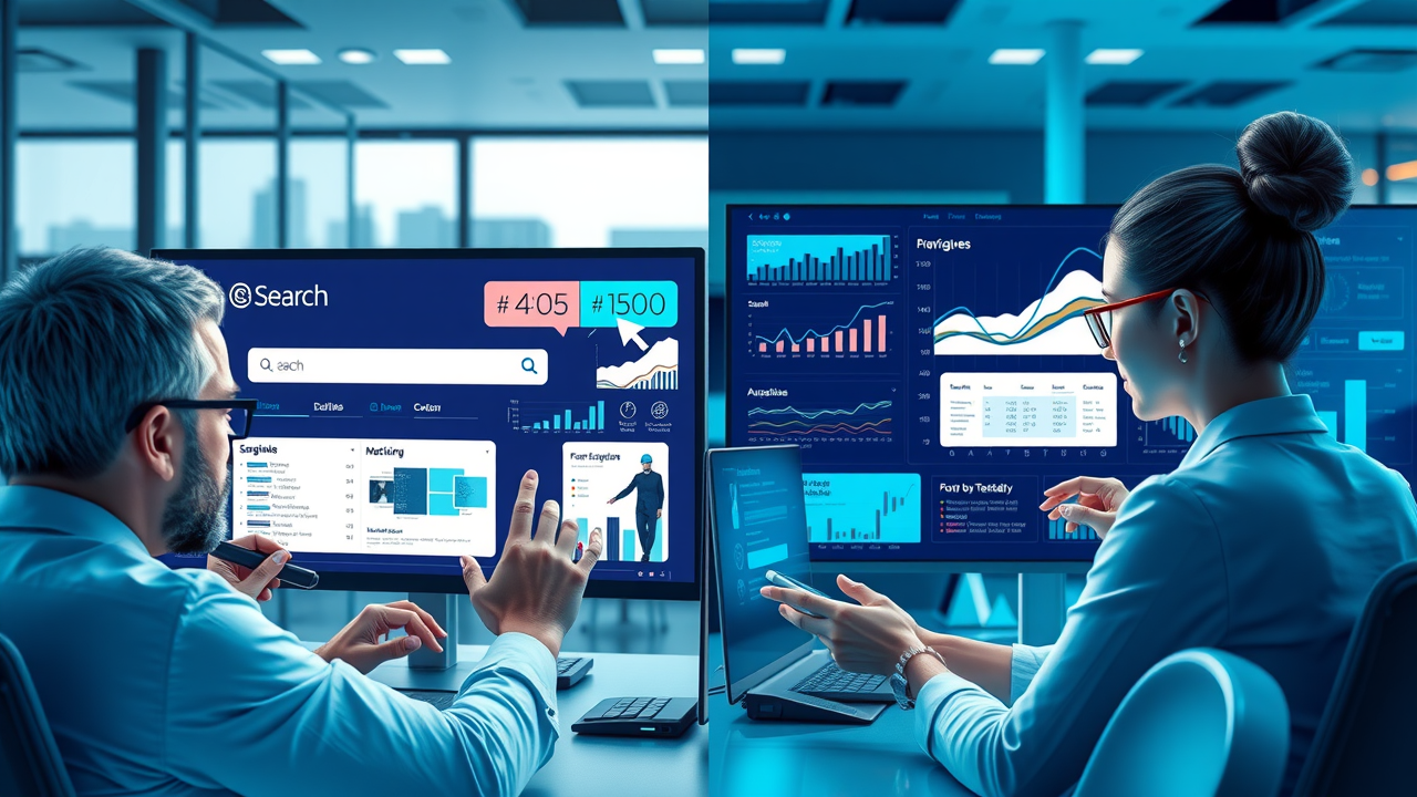 dynamic digital illustration of two search engine interfaces side-by-side, one traditional and one powered by AI, both being used by diverse professionals. Modern tech office background with screens and data charts. Photorealistic, high fidelity. Img_Alt_Text: google ai mode vs traditional search engine interface in modern workspace