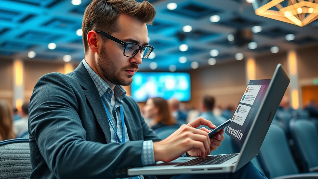 tech-savvy entrepreneur live-tweeting event updates for business, Twitter social media platform for real-time engagement