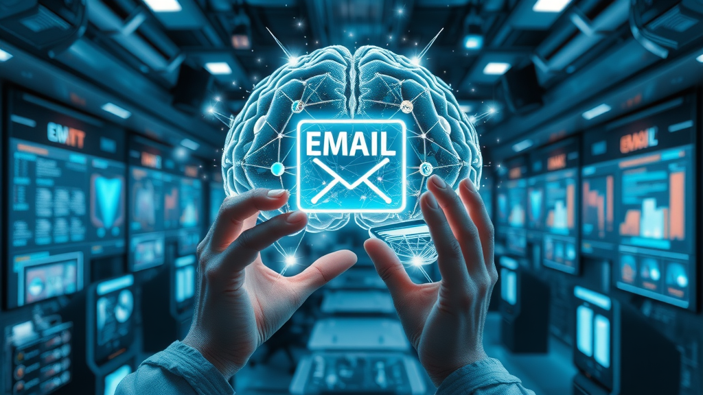 AI visualizing targeted email marketing campaign optimization for higher open rates and ROI, futuristic tech hub vibe