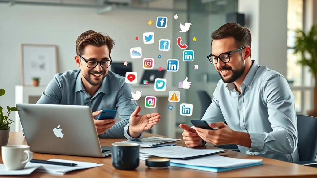 dynamic digital marketers strategizing, confident expressions, collaborating over laptops and smartphones, social media marketing strategies, modern workspace, social media icons floating