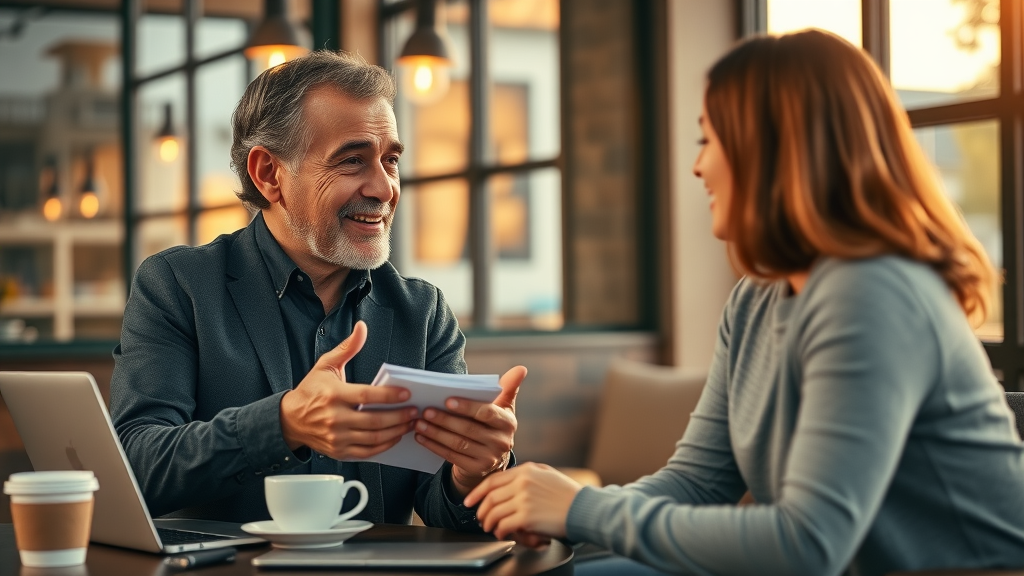 Experienced mentor sharing content creation advice with small business owner in café
